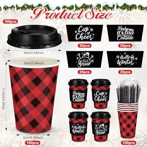 Layhit 24 Pack Christmas Buffalo Plaid 12oz Coffee Cups with Lids & Sleeves Black Red