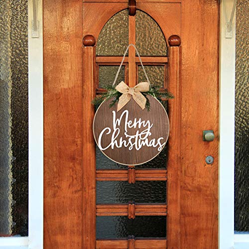 Jetec Merry Christmas Wood Sign Round Front Door Hanging Decor Brown with White Bow