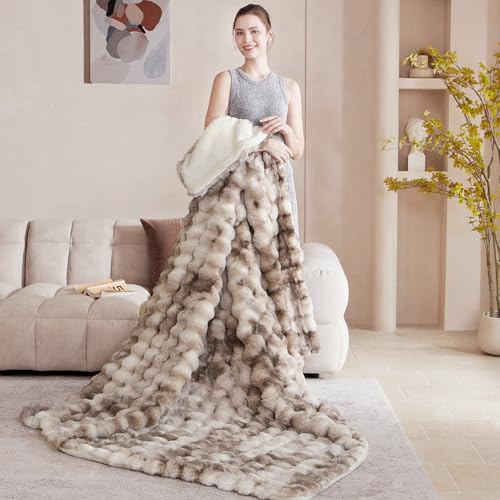 60x80 Inch Fuzzy Faux Fur Twin Blanket Bubble Tie Dye Brown - Ultra-Soft Cozy Throw