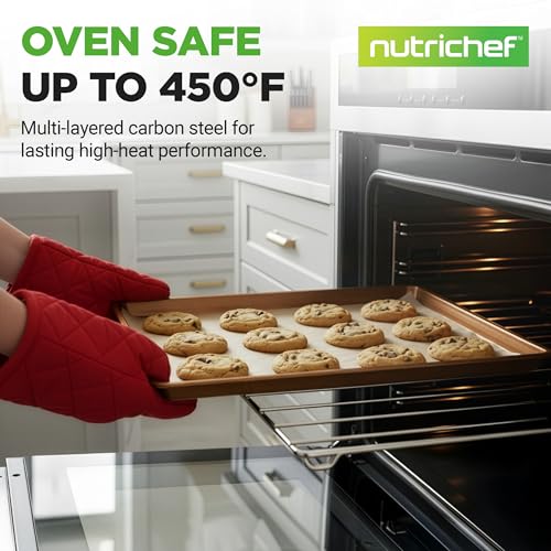 NutriChef 2-Pack XL Nonstick Cookie Sheets 22x16 Inch Baking Pans, Gold, Oven Safe