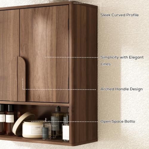 Rustown Wall Mounted Bathroom Cabinet - Dark Walnut with Rounded Edges & Curved Handles
