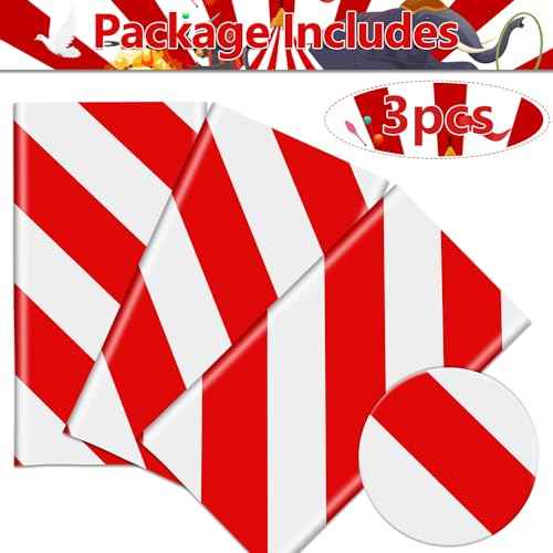 Red and White Stripe Tablecloths for Round Table, Carnival Theme Party Decorations, 84'' x 84'' Plastic Table Cover for Circus Party, Movie Night, Birthday, Christmas, Baby Shower, Wedding (3)