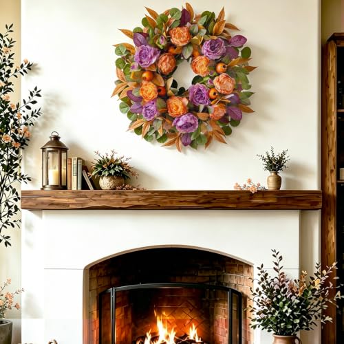 24 Inch Fall Wreath for Front Door with Orange & Purple Peony - Autumn Decor