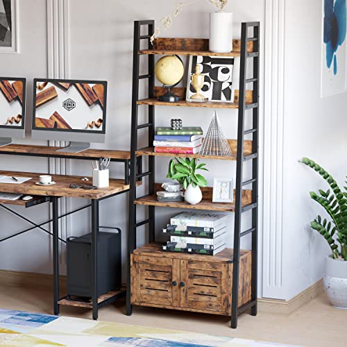 4-Tier Ladder Bookcase with Louvered Doors - Rustic Brown, Sturdy & Space-Saving