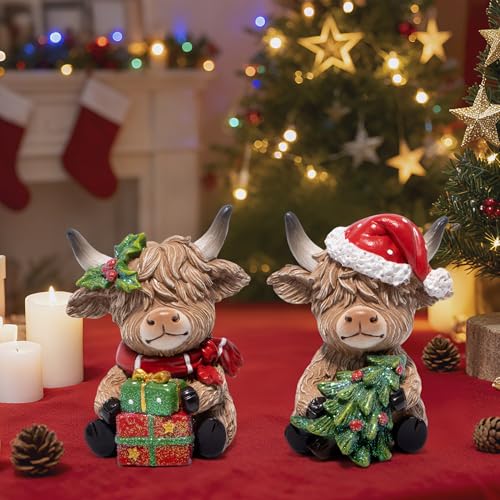 Hodao 2pcs Christmas Highland Cow Figurines – Red-Green Santa Hat Mantel Decor