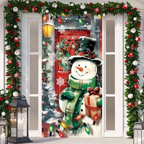 FOIMAS Christmas Door Cover Snowman Backdrop Door Banner Photography Hanging Cover Photo Booth Props for Christmas Winter Home Decoration Indoor Outdoor