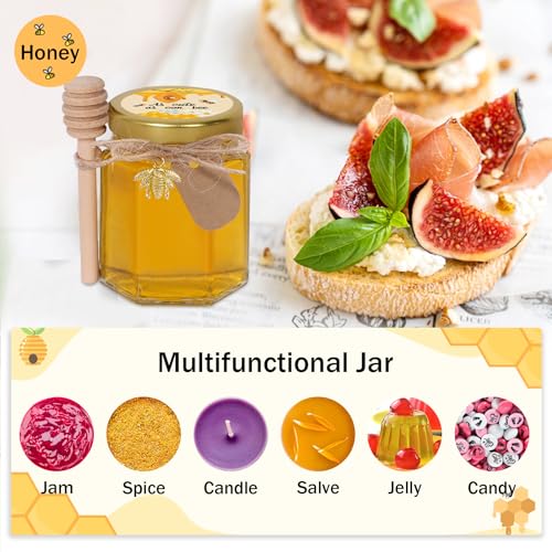 3 Oz Hexagon Honey Jars Set with Dippers and Labels - 70 Pack