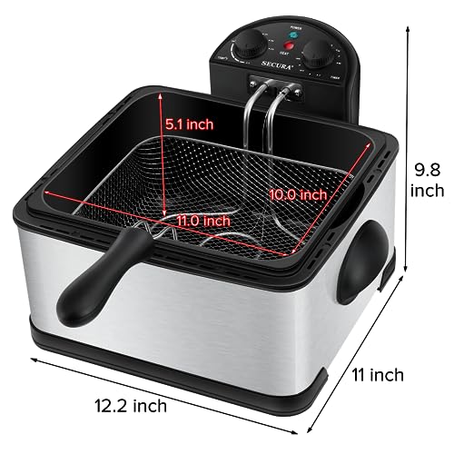4.4 Quart Stainless Steel Deep Fryer with 3 Baskets, Timer, Odor Filter - Silver