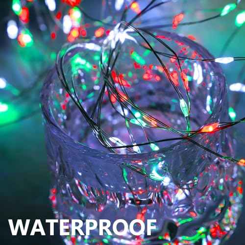 Christmas String Lights Red Green White Copper Wire, 2 Pack Total 200LED Fairy Lights Waterproof Twinkle Lights for Xmas, Bedroom, Garden, Patio, Outdoor Decor- Red White Green