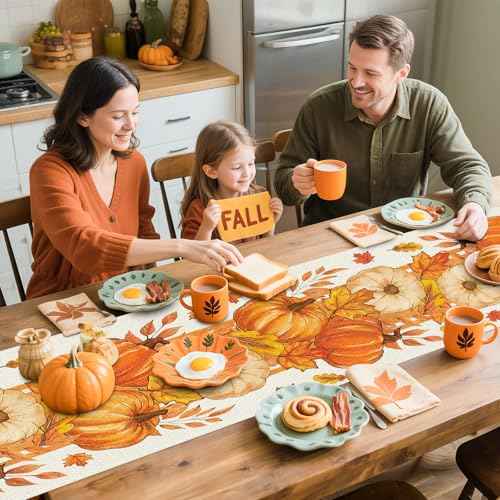 Bloss Thanksgiving Table Runner 72Inches Long Orange Pumpkins Maple Leaves Fall Table Runner,Seasonal Thanksgiving Fall Decoration,Autumn Farmhouse Harvest Style Kitchen Dining Table Decor