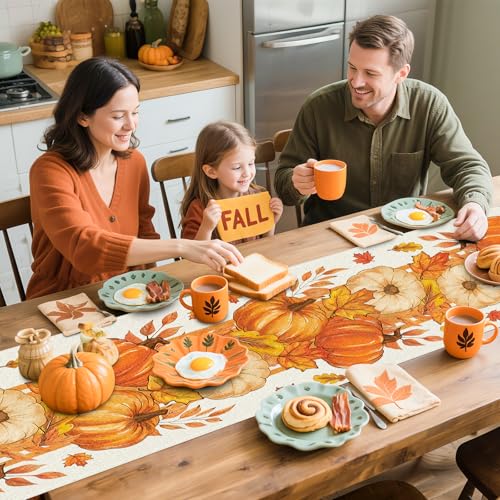 Bloss Thanksgiving Table Runner 13x72in with Maple Leaf & Pumpkin – Yellow Fall Decor