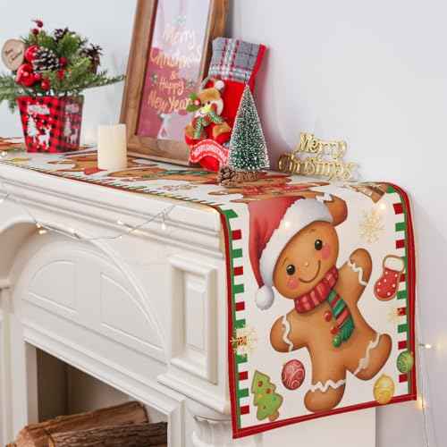 Christmas Table Runner, Xmas Funny Gingerbread Runner Seasonal Winter Merry Christmas New Year Holiday Home Party Decor Dining Table Decorations 13x72 Inch