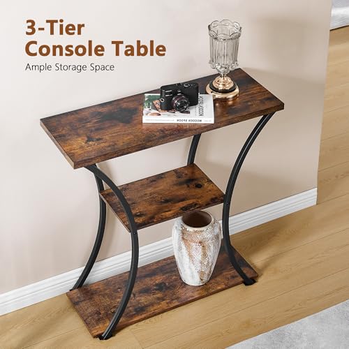 Hoctieon Rustic Brown Black 3-Tier Console Table with Open Shelves, Entryway & Sofa Table