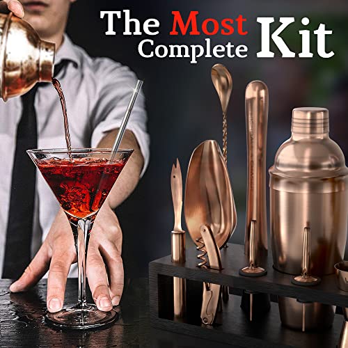 Highball & Chaser Bartender Kit with Espresso Bamboo Stand - Copper