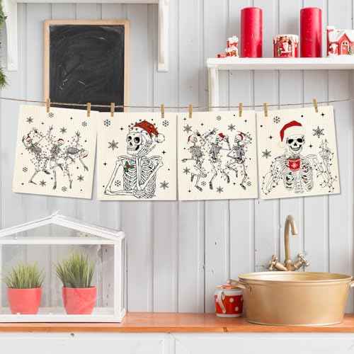 Whaline 4Pcs Christmas Swedish Dishcloth Xmas Dancing Skeleton Cotton Kitchen Towel Absorbent Dish Towel for Winter Holiday Housewarming Farmhouse, 7 x 8 Inch