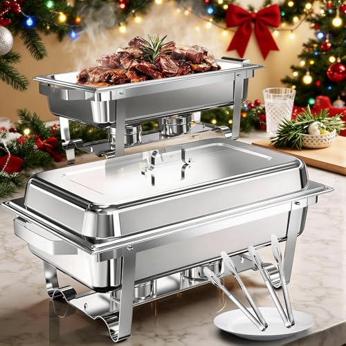 2 Pack Stainless Steel Chafing Dish Buffet Set with 2 Tongs - Full Size