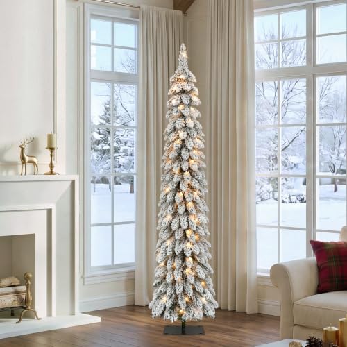 Puleo International 7ft Pre-Lit Flocked Alpine Pencil Christmas Tree