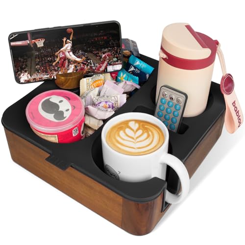 Black Couch Cup Holder Tray with Acacia Wood & Silicone - Snack & Drink Organizer for Sofa - Variation of THIS listing