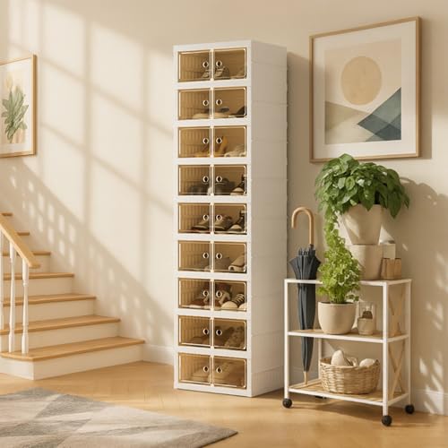 White 9-Layer Foldable Shoe Organizer Storage Box with Magnetic Clear Door
