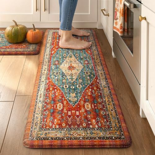 Collive Boho Kitchen Rug Set of 2 Fall Waterproof Floor Mats - Terracotta Rust & Teal, 17.3x47 & 17.3x29 inches