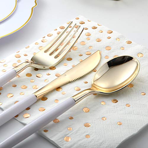 I00000 144 pcs Gold Disposable Silverware Set with White Handles, Food Grade & Durable Cutlery for Events