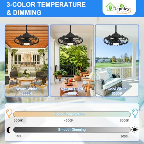 Depuley 20-Inch Black Outdoor Hanging Ceiling Fan with Light & App Remote - Waterproof Gazebo Fan with Reversible DC Motor