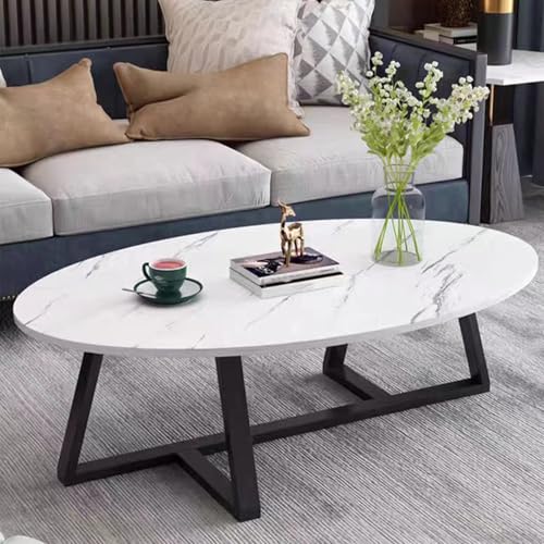 White Black Oval Coffee Table - Small Modern Living Room Side Table with Marble Top