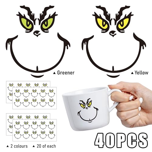 40 PCS Christmas Eye Sticker Decals - Yellow & Green Face Stickers for Ornaments