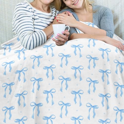 Blue Bow Throw Blanket 60x80 in - Soft Flannel Room Decor for Couch Bed Sofa Gift