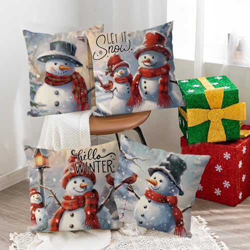 Christmas Pillow Covers 18x18 Inch Set of 4 Snowman Case Vintage Xmas