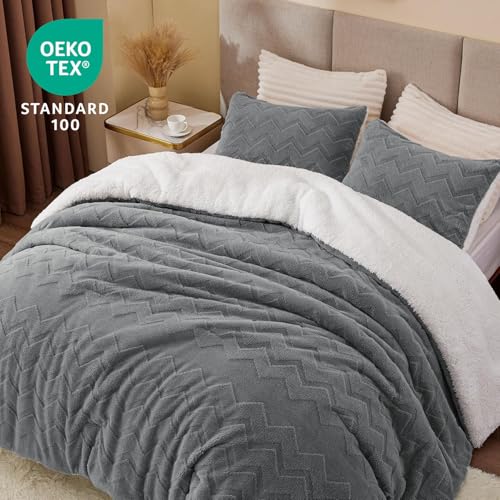 BEDELITE Fluffy Sherpa Queen Comforter Set - Grey, Embossed Floral Design