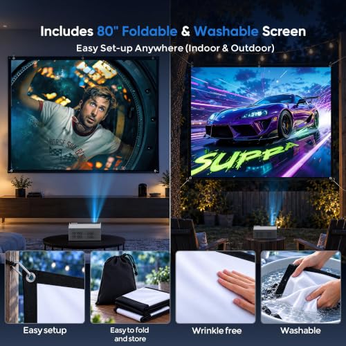 TMY Black Native 1080P Mini Portable Projector with 80-Inch Foldable Screen & Bluetooth