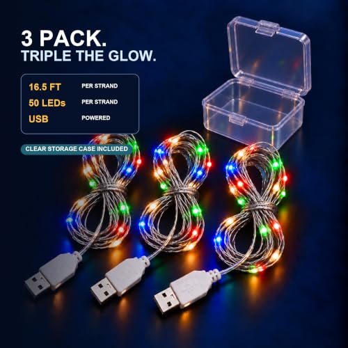 CANDPOT 3 Pack USB Fairy Lights Multicolor 16.5ft, 50 LEDs USB Powered String Lights