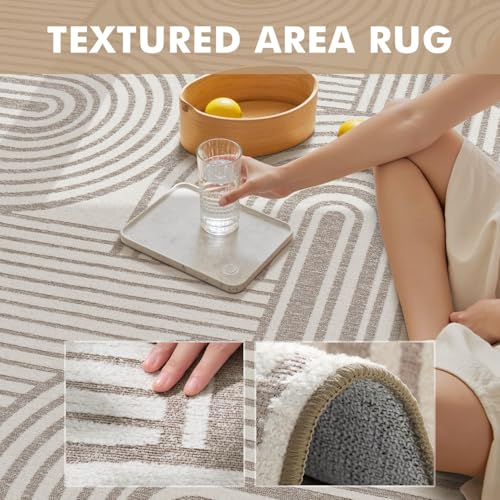 Beige 6x9 Area Rug with Textured High-Low Tufted Design - Modern Geometric, Washable, Non-Slip Backing