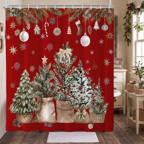 Baccessor Christmas Shower Curtain 72x72 Inches Red Pine Tree Holiday Bathroom Decor