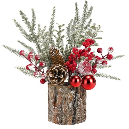 Mljsh Small Christmas Table Centerpiece with Pinecones & Red Berries - Rustic Farmhouse Holiday Decor (1pc)