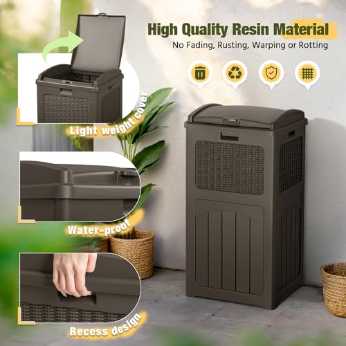 Deep Brown Devoko 33 Gallon Outdoor Trash Can with Dual Lid - Weatherproof Garden Bin