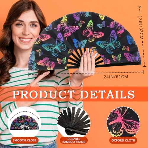Folding Fan UV Glow Rave Bamboo Summer Hand Fan Butterfly Decoration Dancing Party Wedding Night Club Concert Festival Large (Multicoloured-10, M)