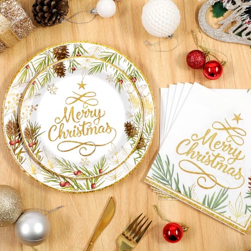 Homlouue Christmas Paper Plates and Napkins, Tree Gold Plate Napkin
