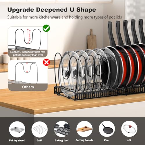 Housolution 2 Pack Black Pot and Pan Lid Organizer with 14 Adjustable Dividers