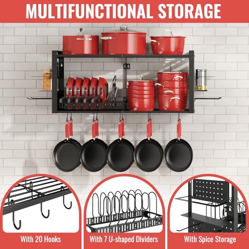 Freexployer 41-Inch Wall-Mounted Pot Rack with 20 Hooks & Lid Organizer, Heavy Duty Kitchen Storage
