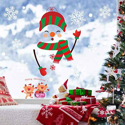Whaline 64Pcs Christmas Stickers for Refrigerator,Window and Wall,Snowman Snowflakes Christmas Window Clings Decal Stickers,Holiday Xmas Decorations for Fridge, Door, Garage, Office Cabinets(4 Sheets)