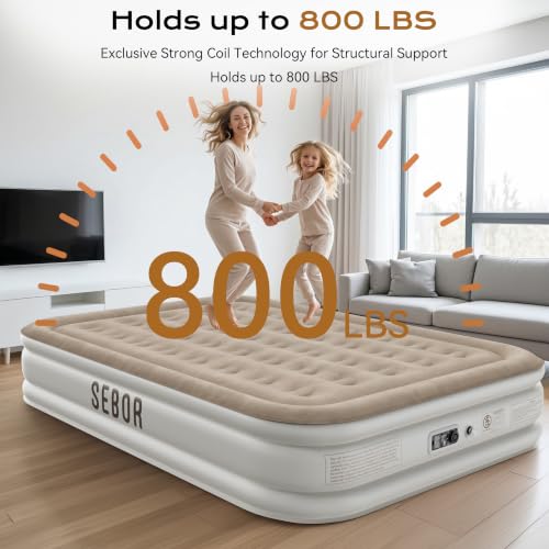Sebor Queen Air Mattress Khaki White 13-Inch Raised Blow Up Bed with Built-in Pump