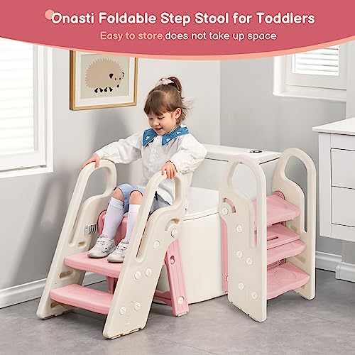 Pink Foldable Toddler Step Stool with Handles - Adjustable Bathroom Sink & Kitchen Helper