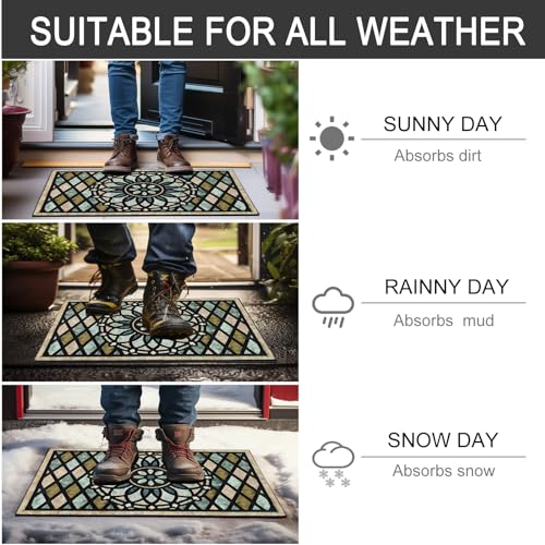 Outdoor Welcome Door Mat 17x30 Inch Non Slip Rubber Entrance Rug with Flower Design