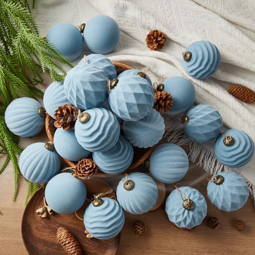 Bornerwhite 24 Pcs Dusty Blue Velvet Christmas Balls 3.15 Inch Flocked Holiday Ornaments
