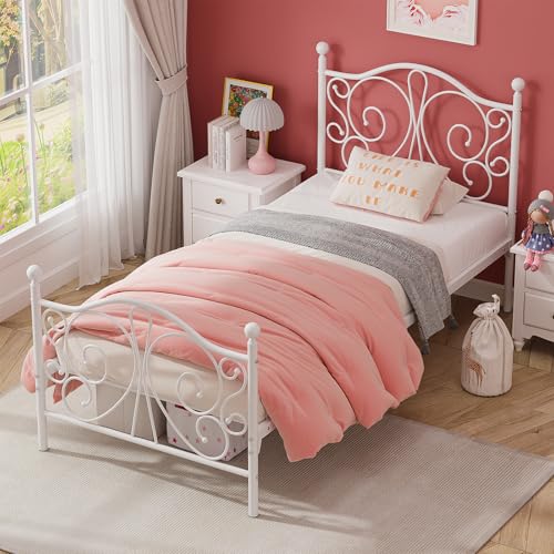 Twin Bed Frame with Butterfly Headboard and Footboard - White, Space-Saving Design