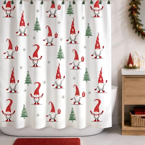 Sunlit Christmas Shower Curtain, Red Gnome Elf Doll and Xmas Trees