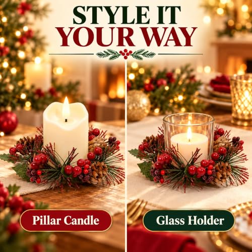 Ringwreath-6pc Candle Ring Wreaths for Tables, Faux Pine Cones, 6.5cm dia, Flameless Compatible (MERRI GLOW)