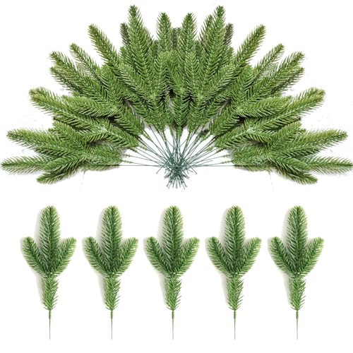 30pcs Artificial Pine Branches Green Plants Needles DIY Accessories Realistic Faux Christmas Greenery Green Plants Pine Picks and Stems for Garland Wreath Christmas and Home Garden Decor
